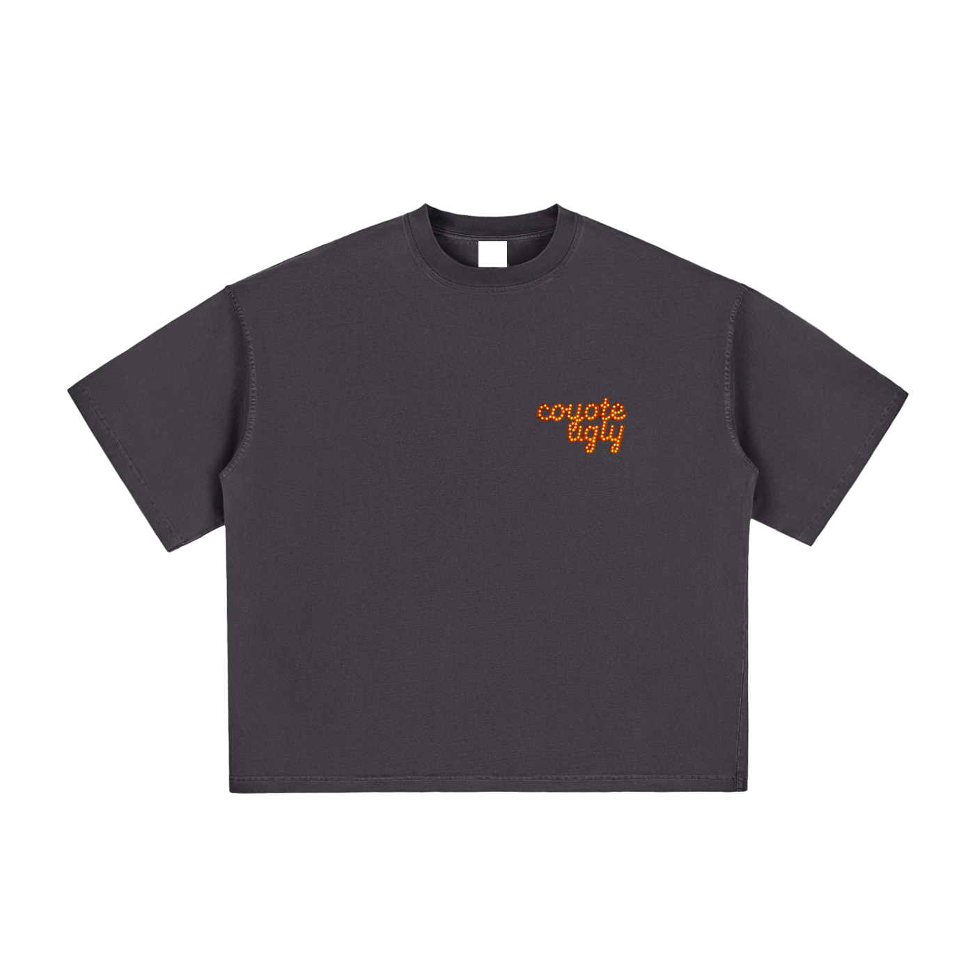 Western-inspired graphic tee with marquee style 'Coyote Ugly' lettering on dark gray fabric