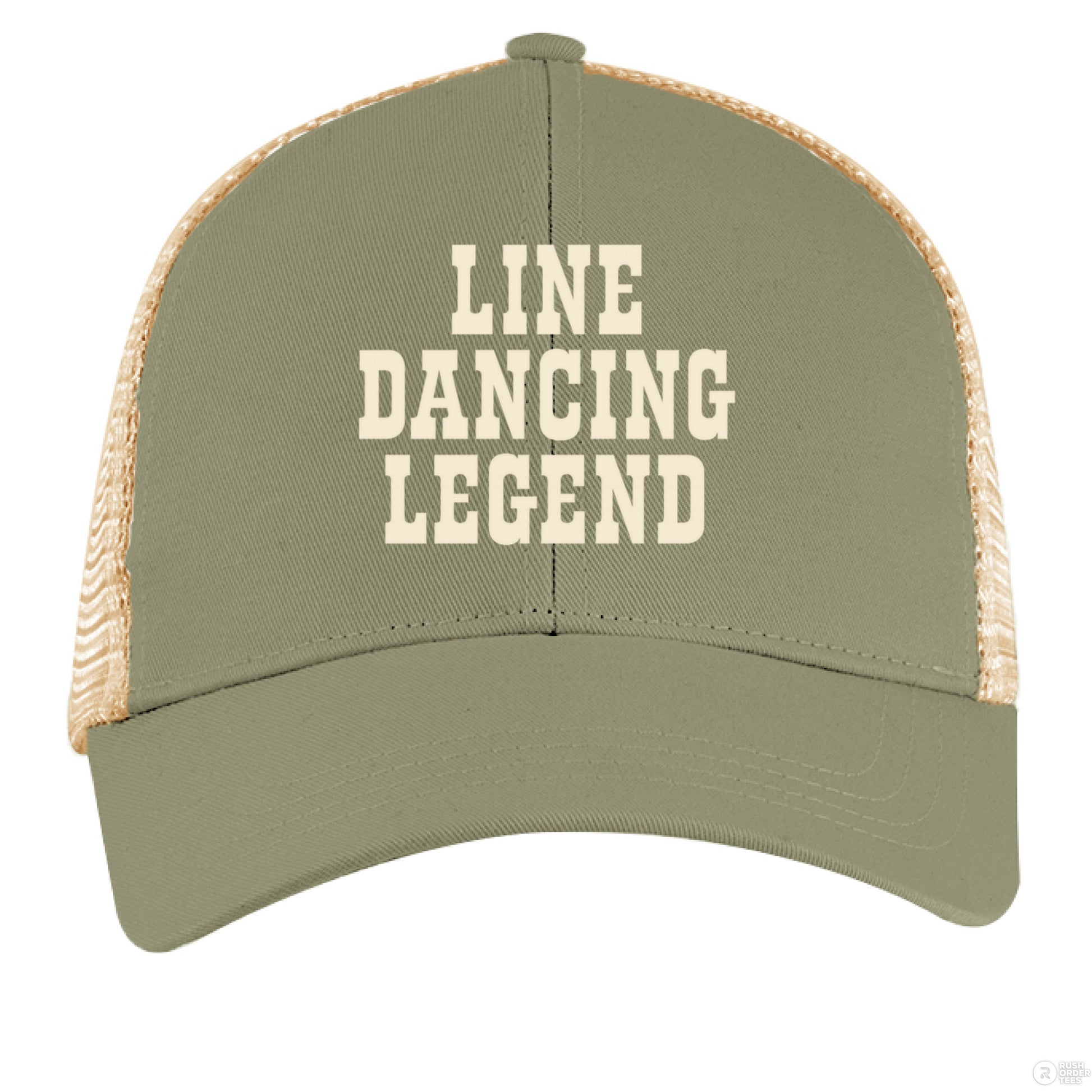 A sage green and tan trucker hat with cream "Line Dancing Legend" text, styled for country music lovers and line dancers.