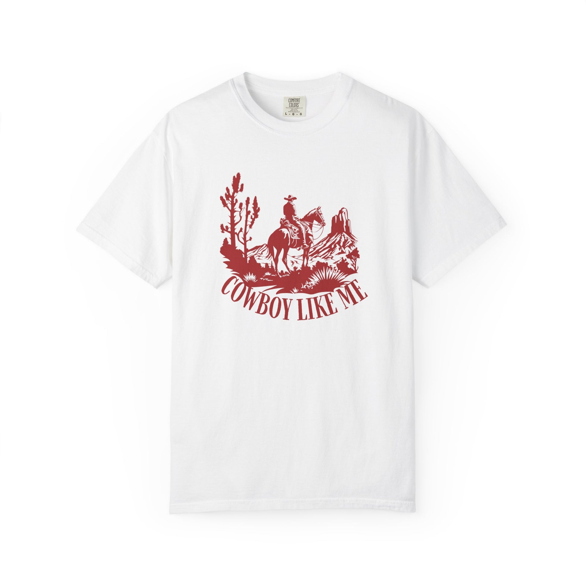 Unisex t-shirt with 'Cowboy Like Me' text in western-inspired graphic design