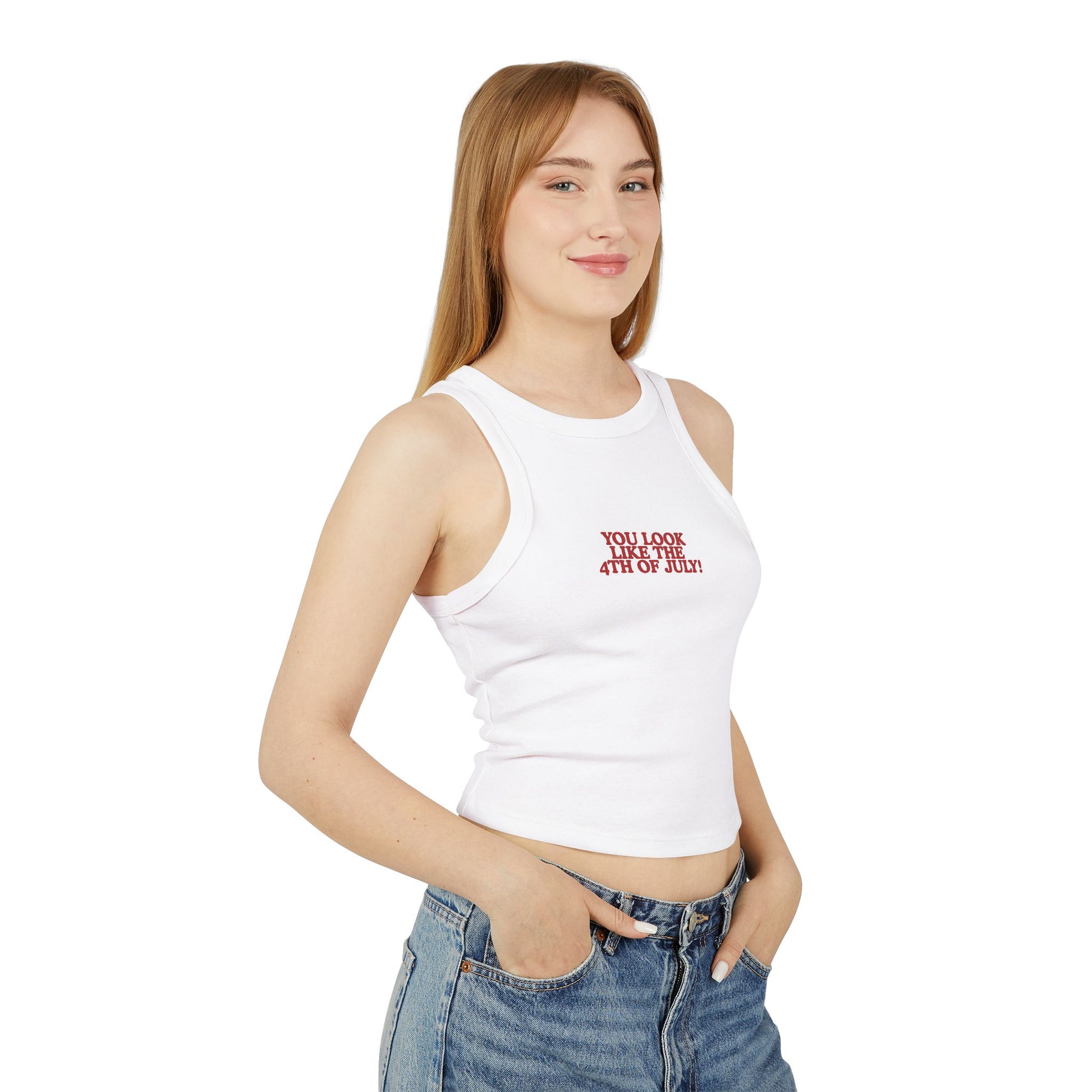 Lightweight white tank top styled for summer with sassy Independence Day quote