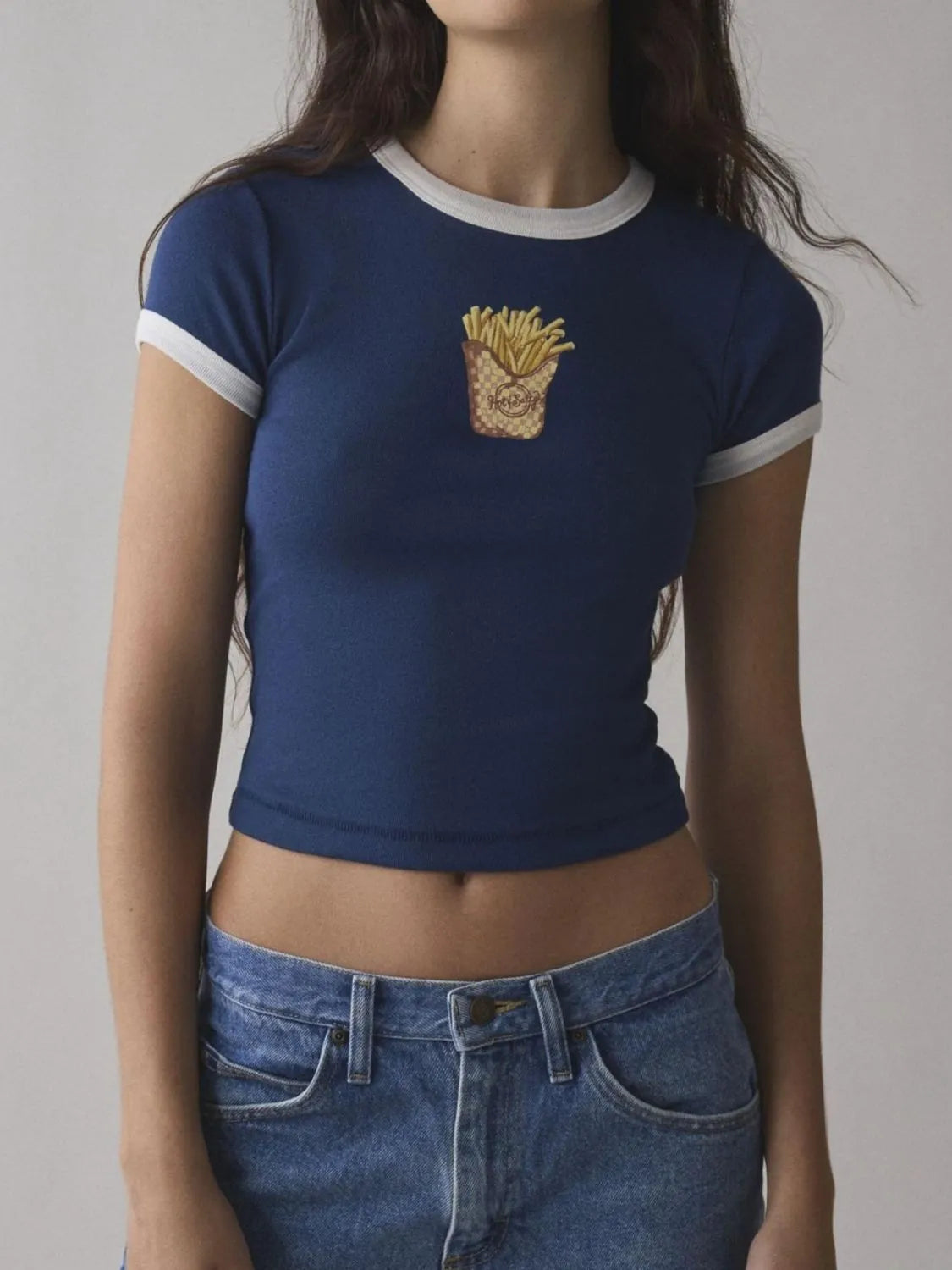 Navy blue ringer tee with printed french fry cup graphic, fitted baby tee style.