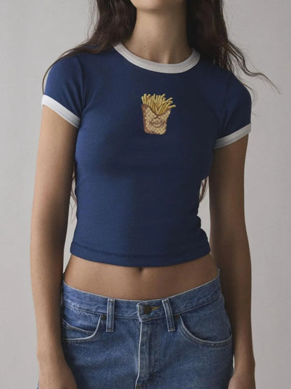 Navy blue ringer tee with printed french fry cup graphic, fitted baby tee style.