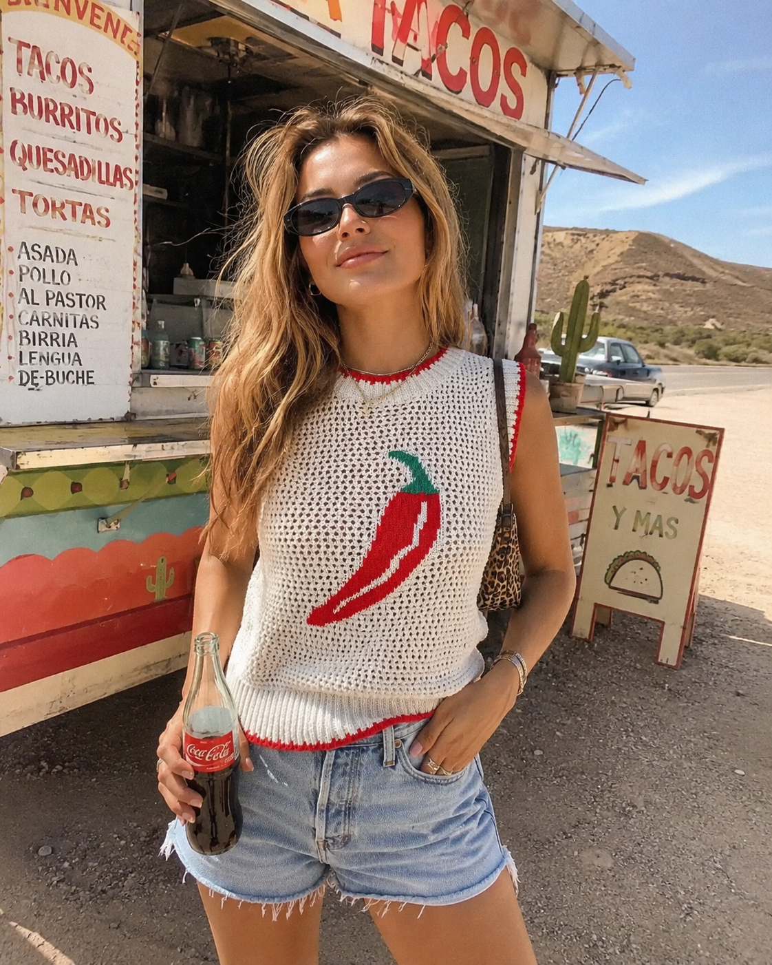 Woman in a sleeveless crochet top with a chili pepper design, holding a Coca-Cola bottle, standing in front of a taco truck.