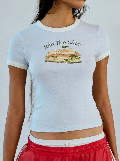 White and pale blue ringer tee with club sandwich print and “Join The Club” text across chest.