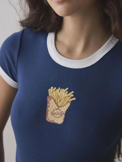 Navy blue ringer tee with printed french fry cup graphic, fitted baby tee style.