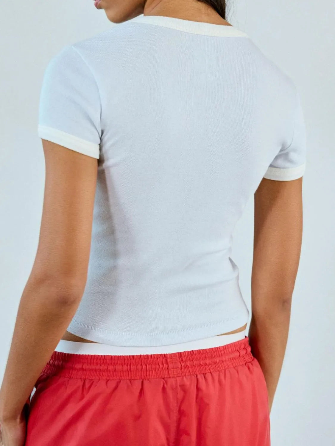 White and pale blue ringer tee