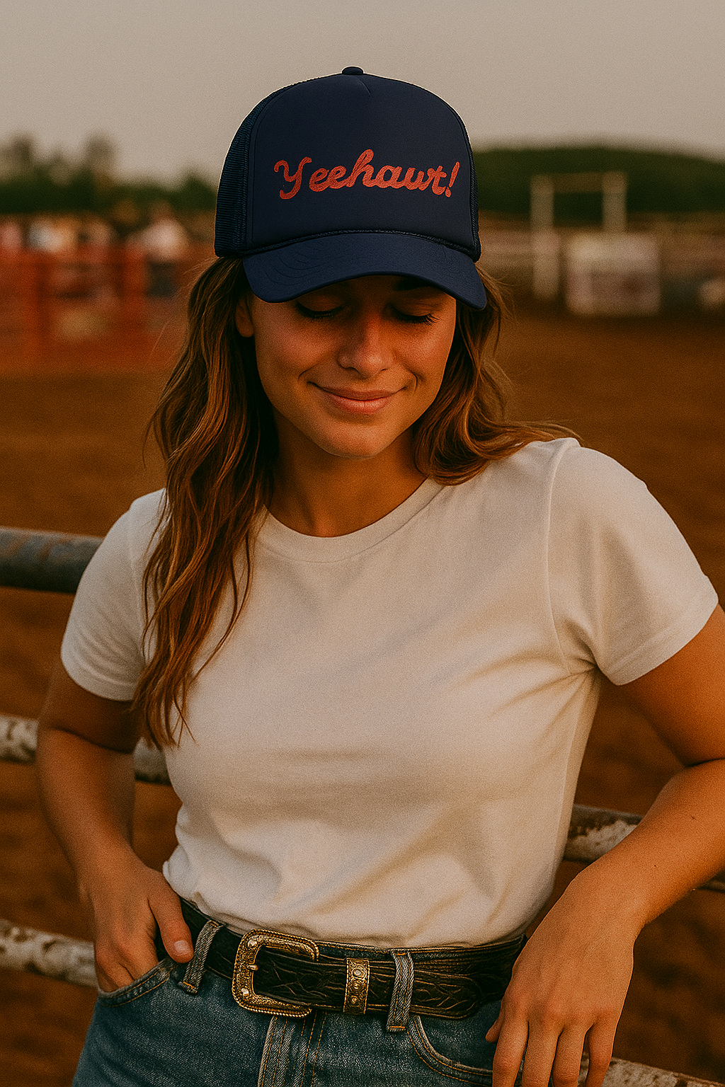 Cowgirl-inspired embroidered trucker hat styled for summer with a white tee and denim
