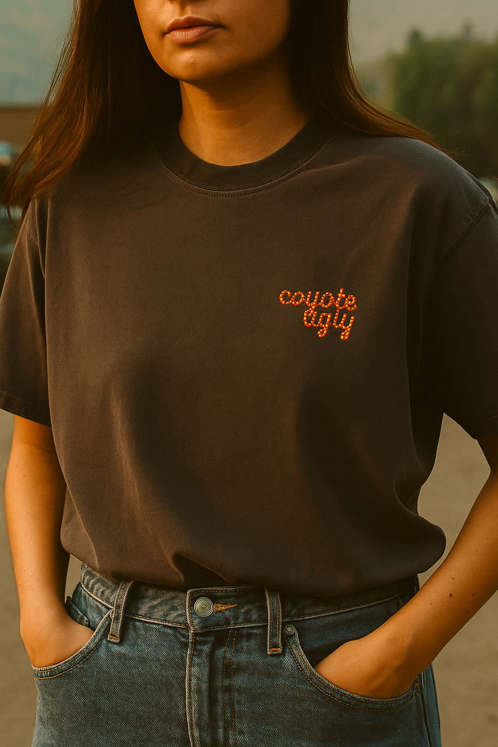 Woman wearing a charcoal graphic tee that says “coyote ugly” in marquee-style letters, styled with high-rise jeans for a vintage western look.