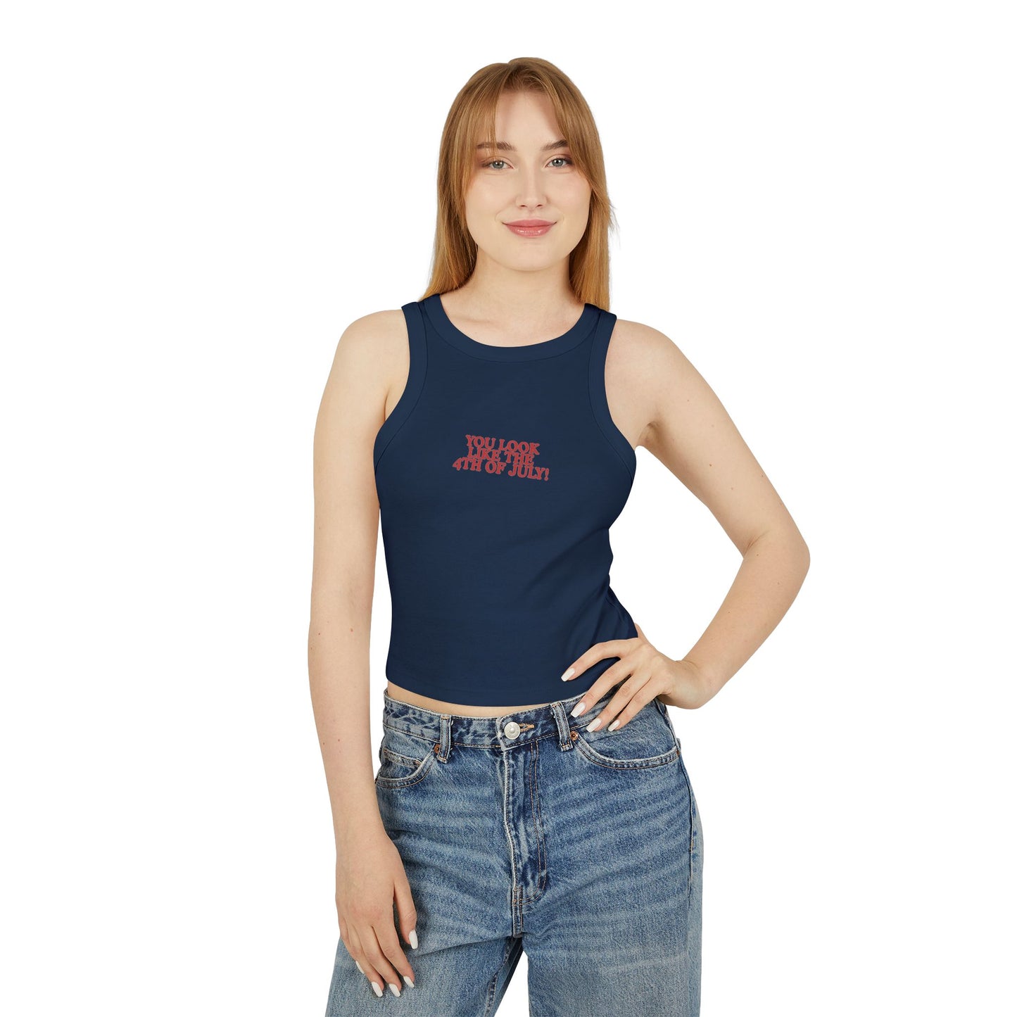 Sassy patriotic tank in dark navy with nostalgic rom-com vibes