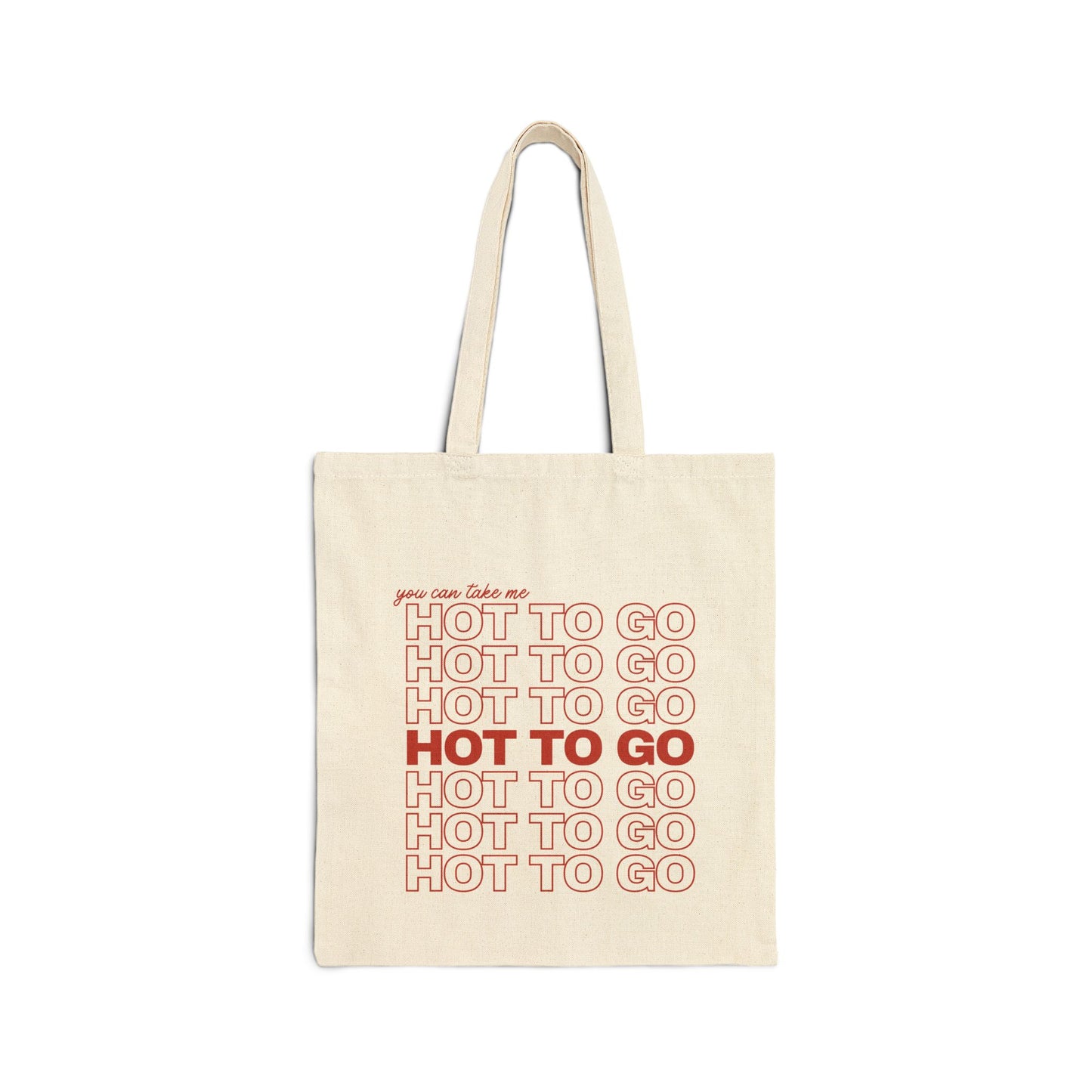 Canvas tote bag with repeated “hot to go” text in red, displayed on a white background.