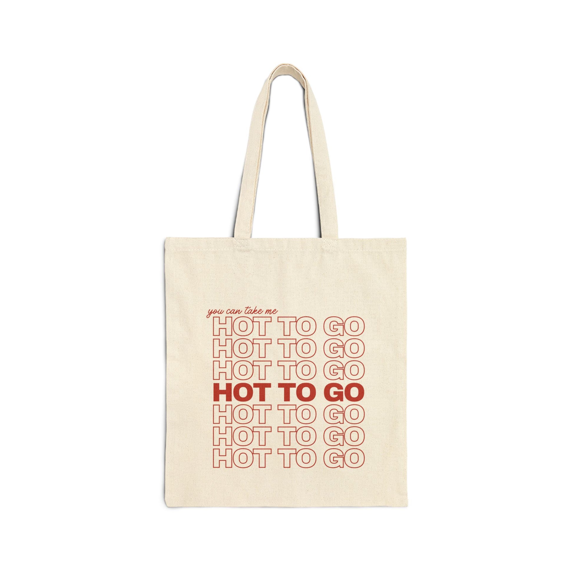 Canvas tote bag with repeated “hot to go” text in red, displayed on a white background.