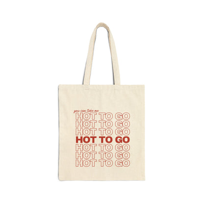 Canvas tote bag with repeated “hot to go” text in red, displayed on a white background.