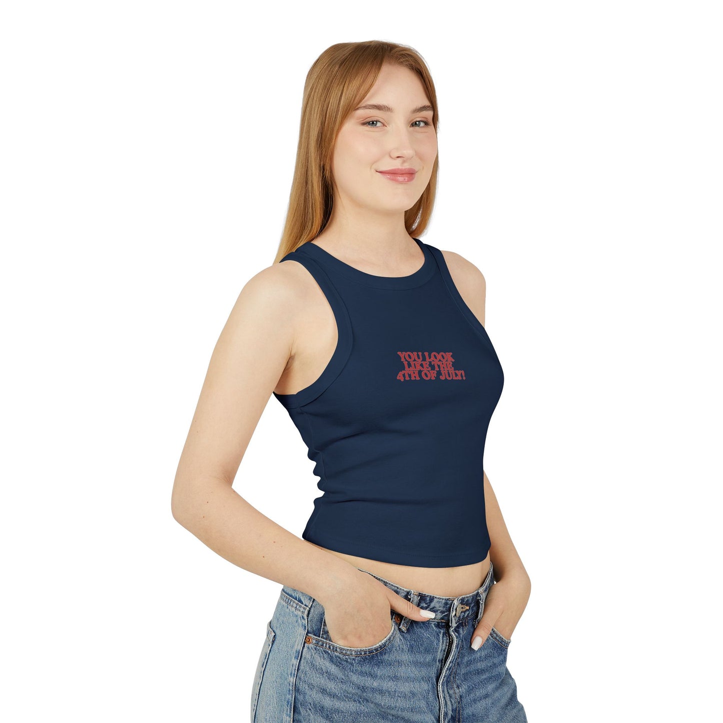 Sassy patriotic tank in dark navy with nostalgic rom-com vibes