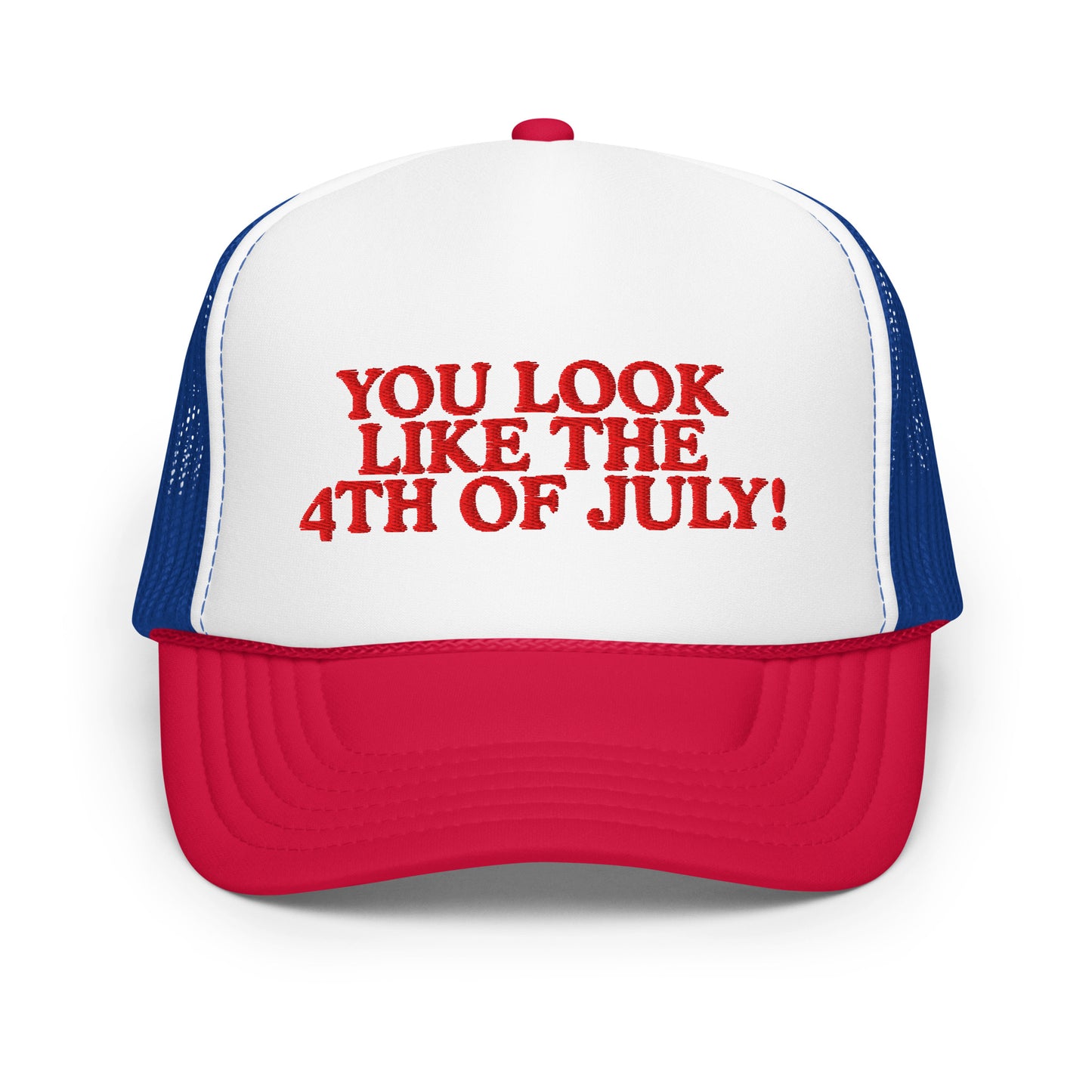 Red, white, and blue foam trucker hat with Fourth of July quote embroidery
