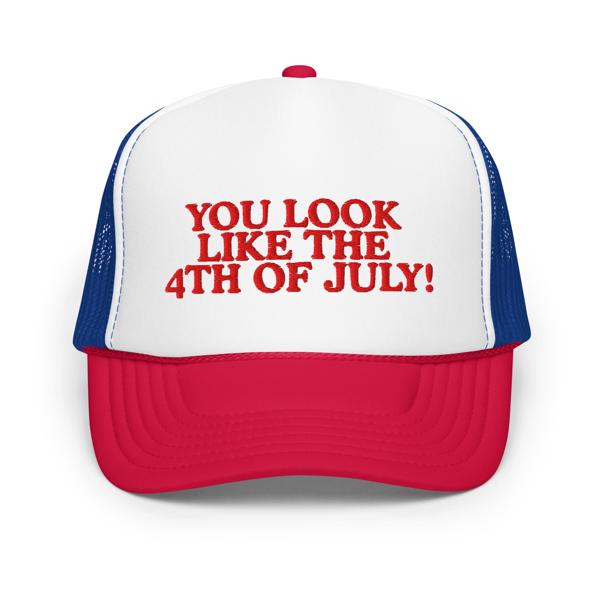 Red, white, and blue foam trucker hat with Fourth of July quote embroidery