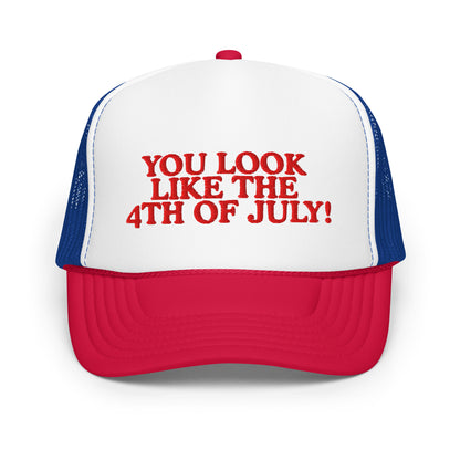 Red, white, and blue foam trucker hat with Fourth of July quote embroidery