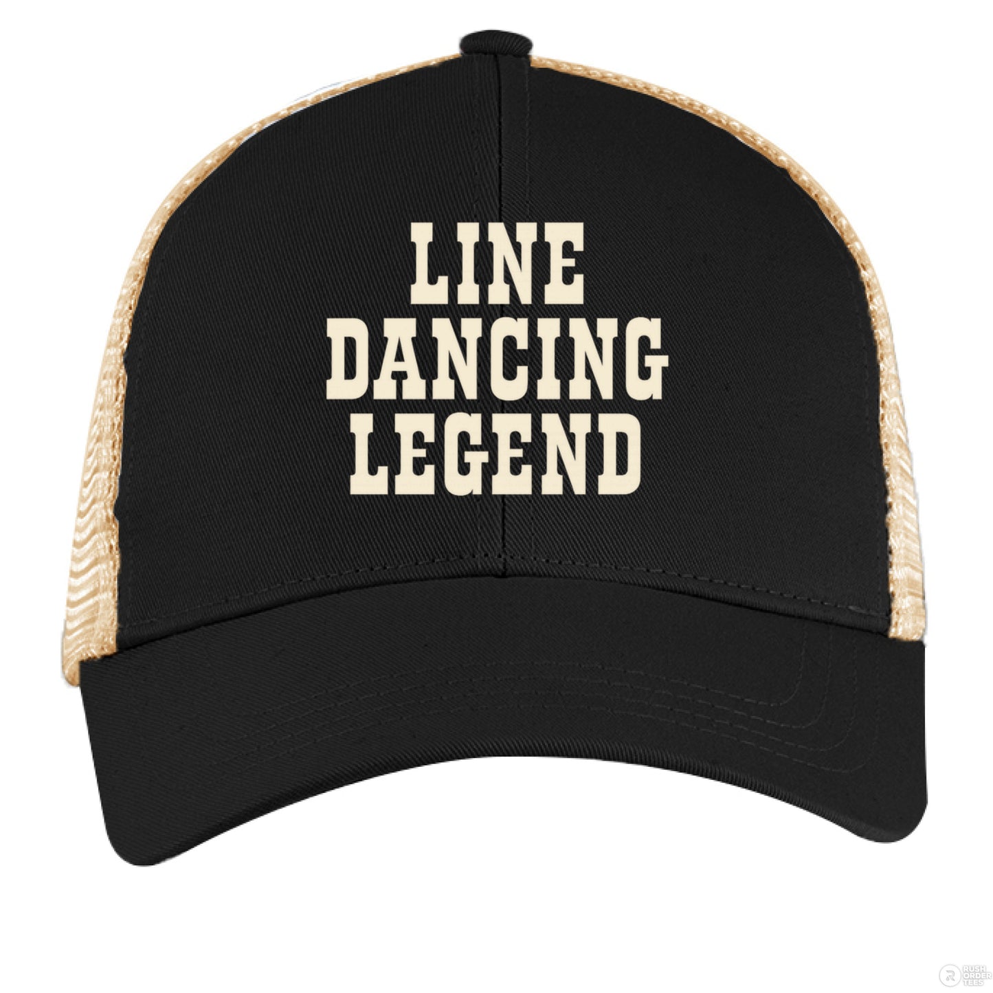 A black and tan trucker hat with cream "Line Dancing Legend" text, styled for country music lovers and line dancers.