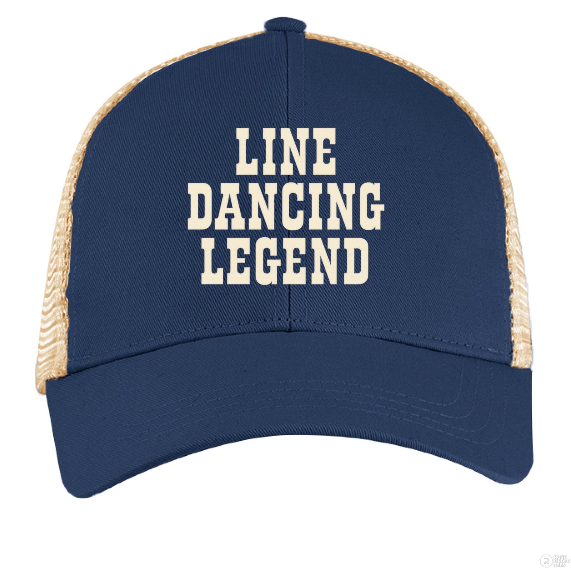 A blue and tan trucker hat with cream "Line Dancing Legend" text, styled for country music lovers and line dancers.
