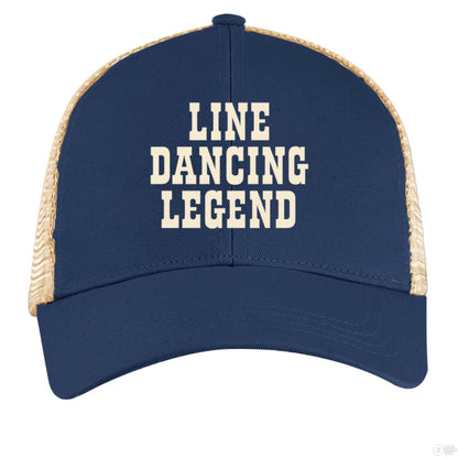 A blue and tan trucker hat with cream "Line Dancing Legend" text, styled for country music lovers and line dancers.
