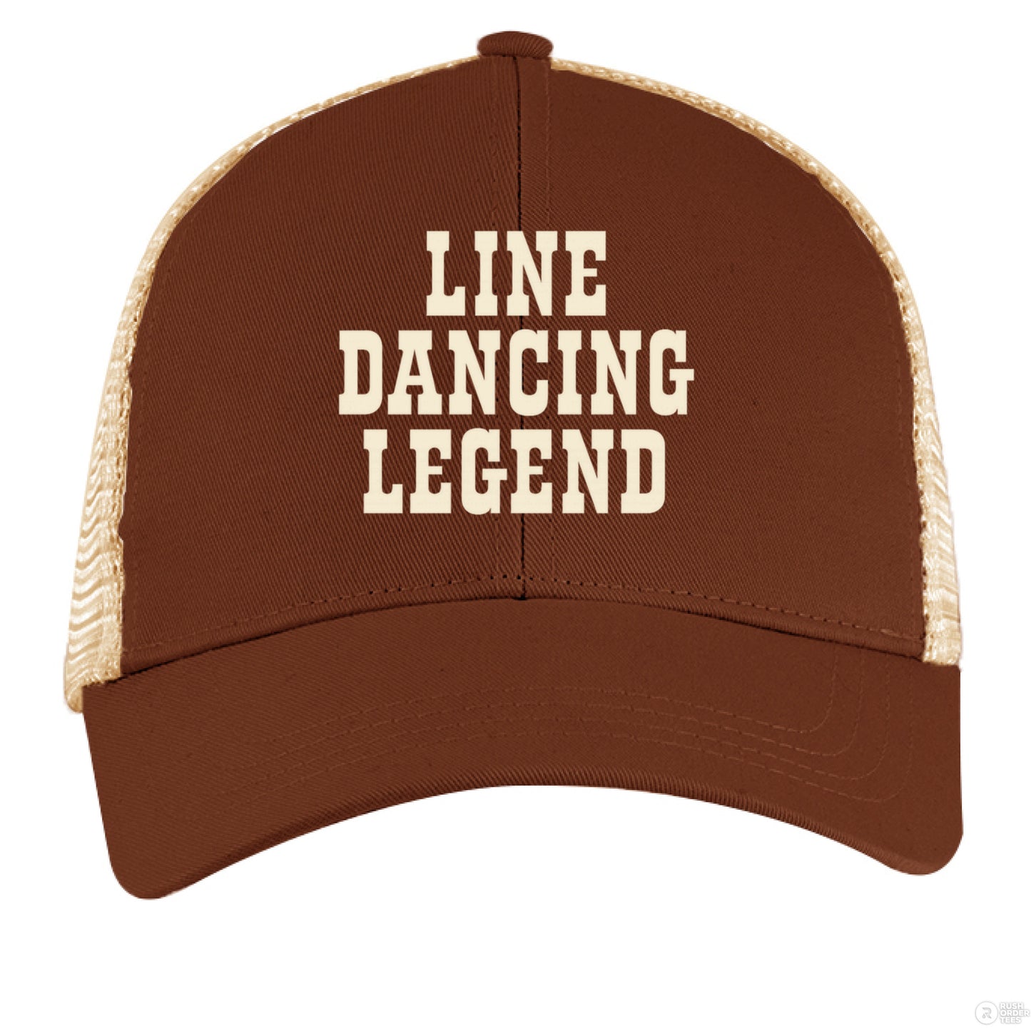 A brown and tan trucker hat with cream "Line Dancing Legend" text, styled for country music lovers and line dancers.