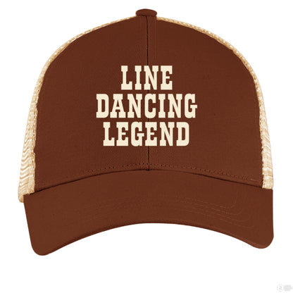 A brown and tan trucker hat with cream "Line Dancing Legend" text, styled for country music lovers and line dancers.