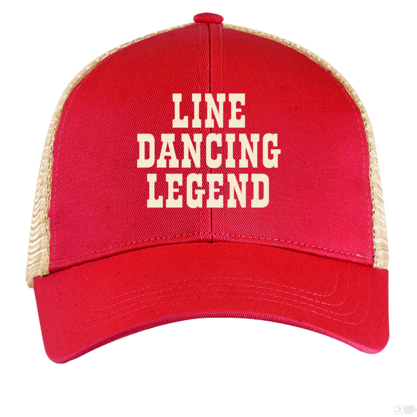 A red and tan trucker hat with cream "Line Dancing Legend" text, styled for country music lovers and line dancers.