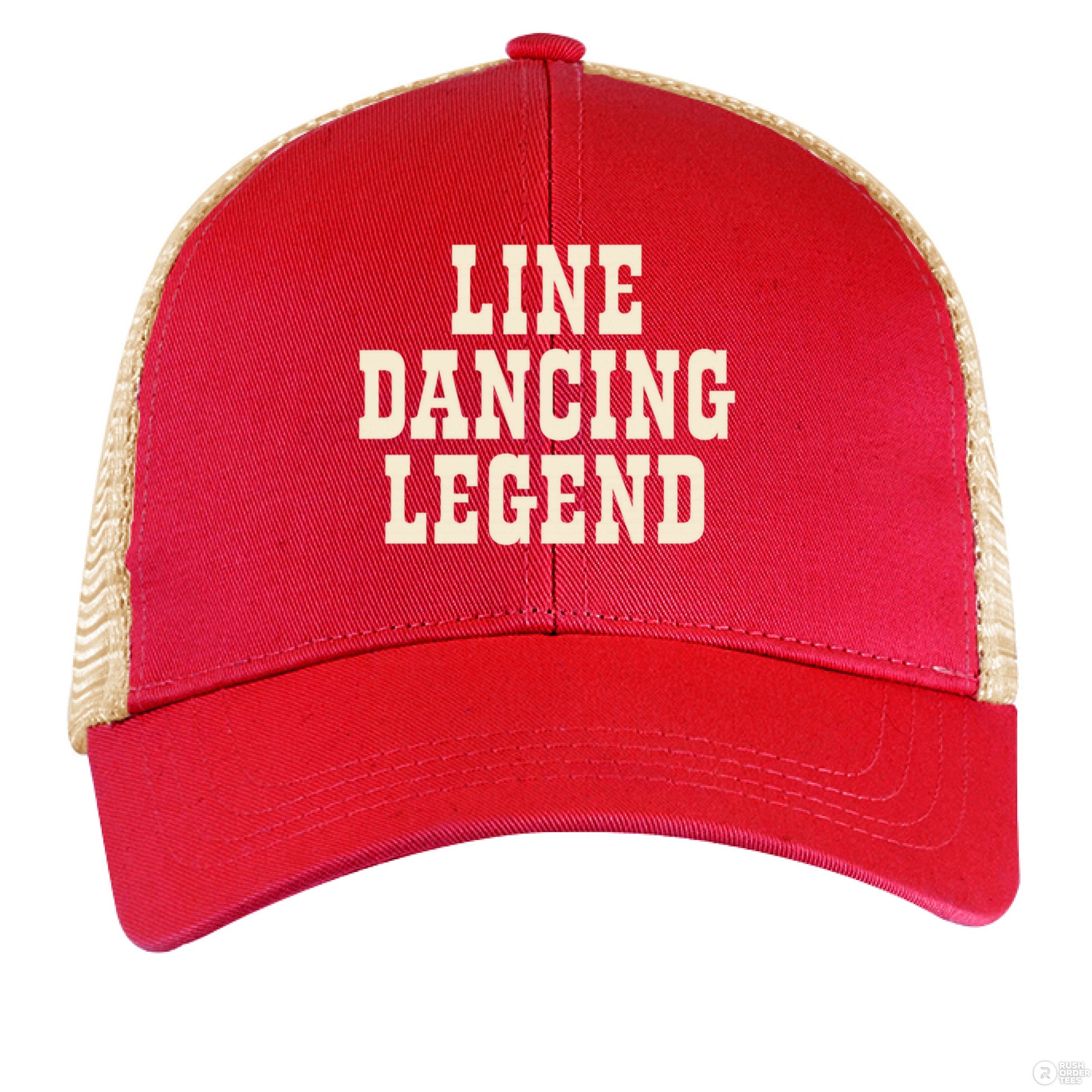 A red and tan trucker hat with cream "Line Dancing Legend" text, styled for country music lovers and line dancers.