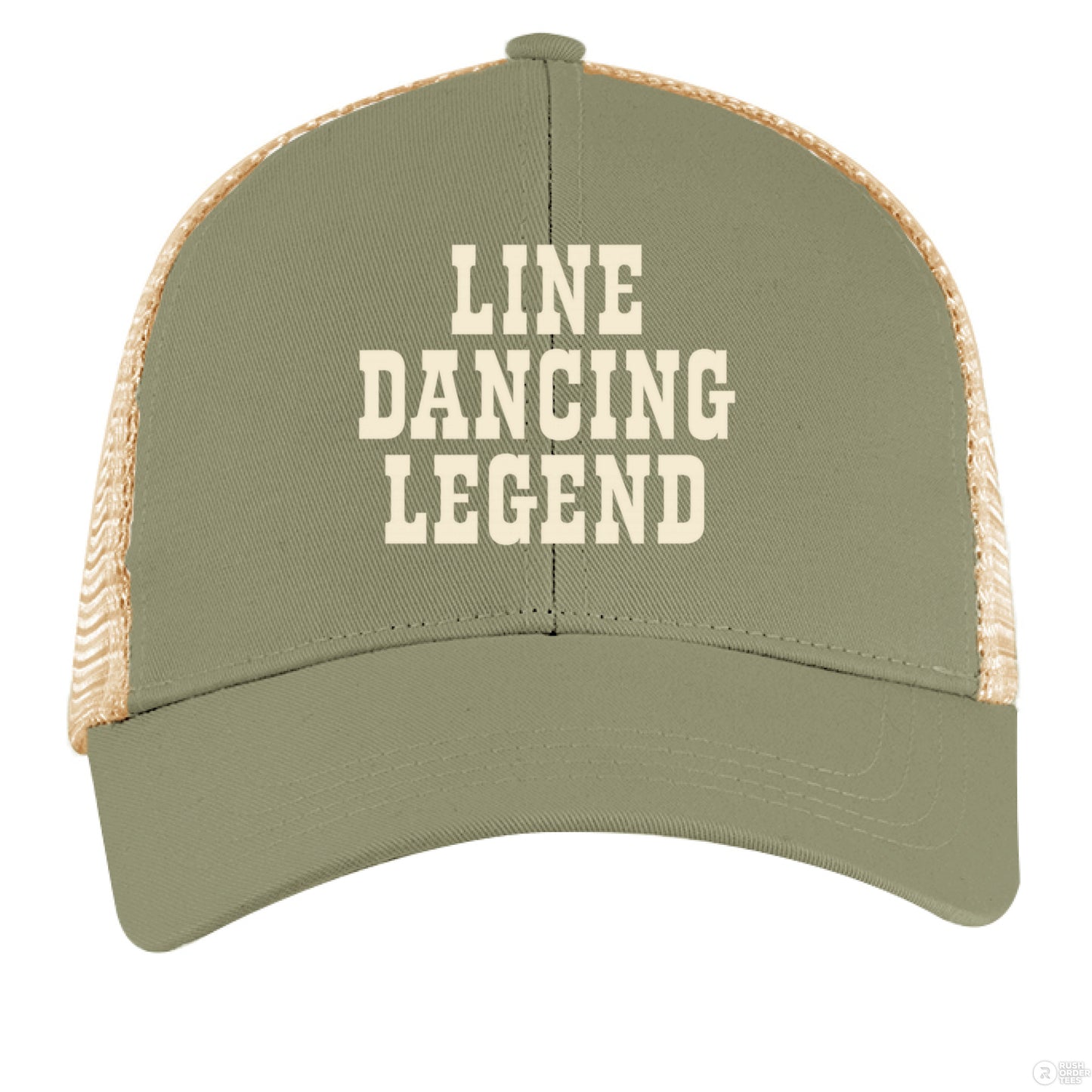 A sage green and tan trucker hat with cream "Line Dancing Legend" text, styled for country music lovers and line dancers.