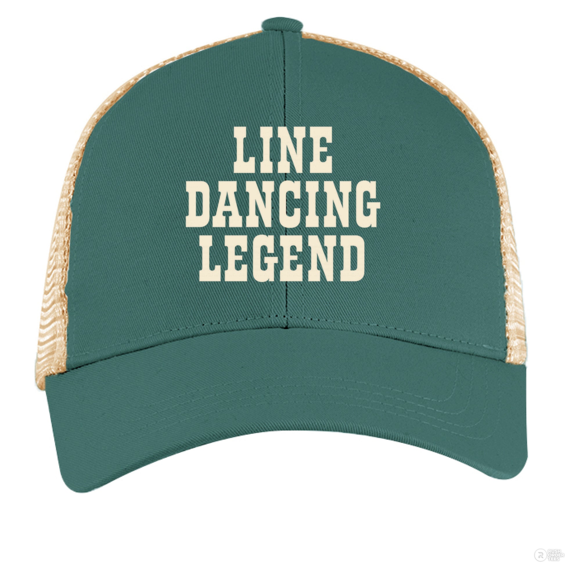 A teal and tan trucker hat with cream "Line Dancing Legend" text, styled for country music lovers and line dancers.