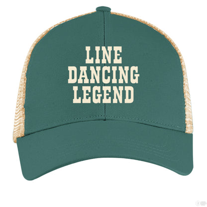 A teal and tan trucker hat with cream "Line Dancing Legend" text, styled for country music lovers and line dancers.