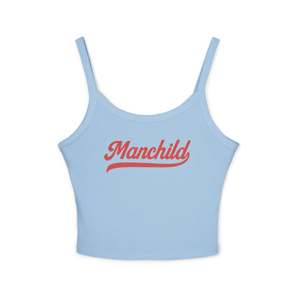 Manchild tank top with spaghetti straps in light blue, front view