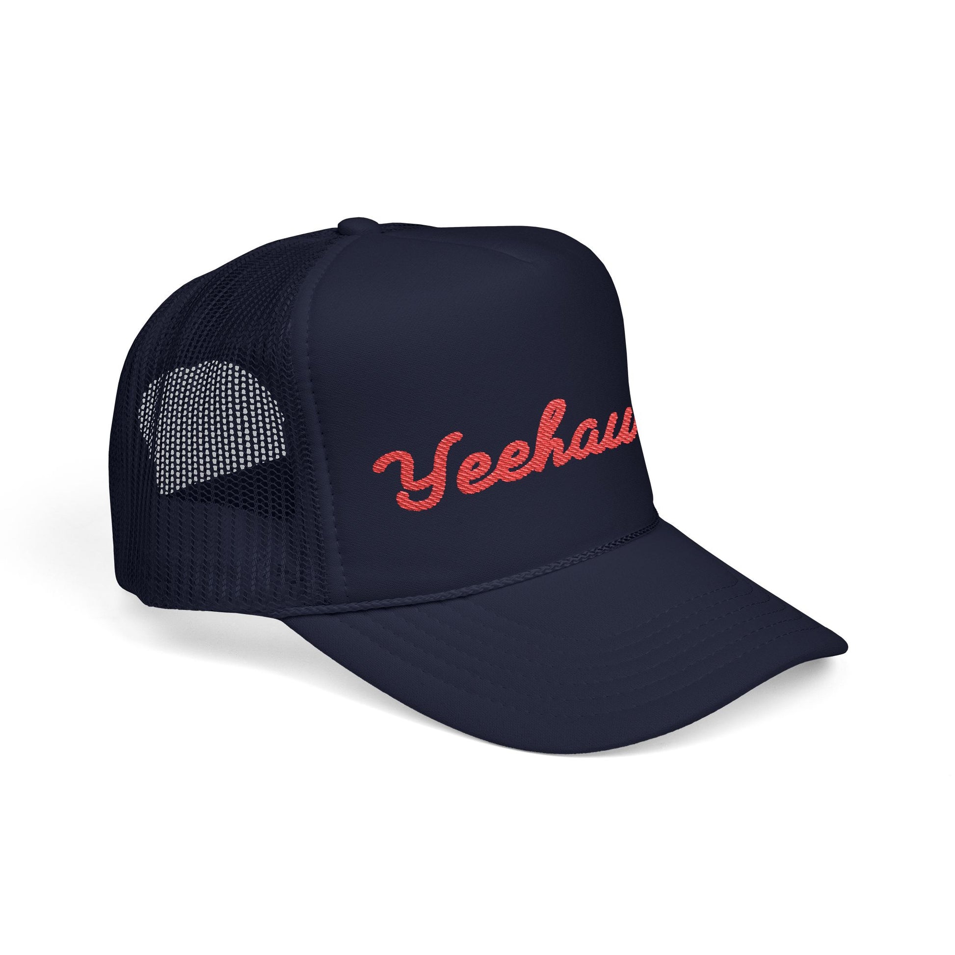 Yeehaw hat featuring retro-style embroidery on high-profile crown with mesh back
