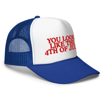Red, white, and blue foam trucker hat with Fourth of July quote embroidery
