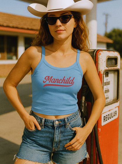 Model wearing Manchild spaghetti strap tank in a country pop inspired outfit