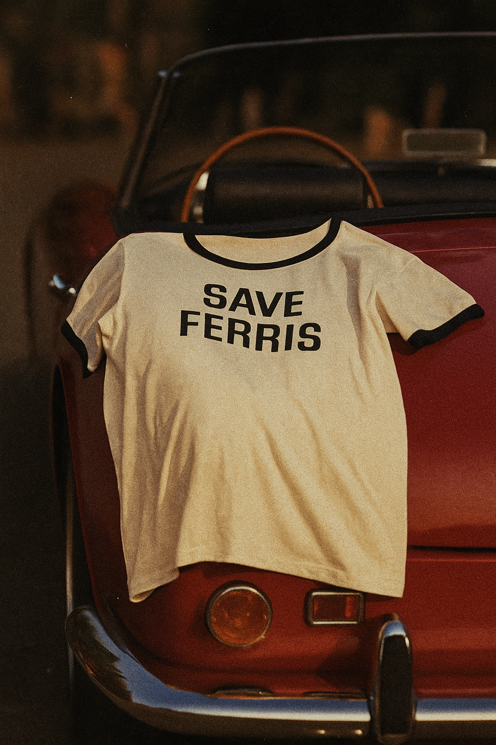 Retro ringer natural and black tshirt that says "Save Ferris" inspired by Ferris Bueller's Day Off