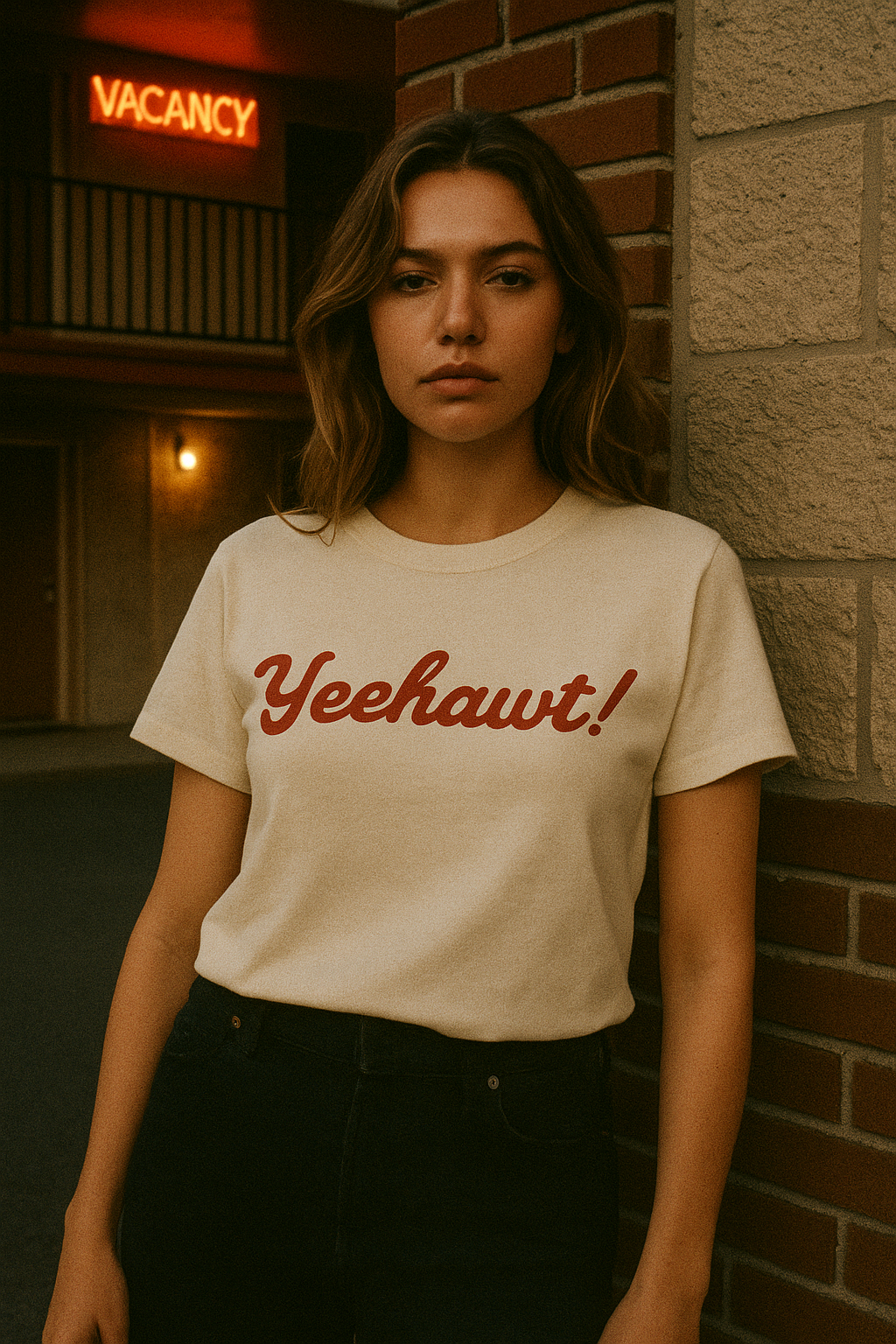 Modern cowgirl inspired tee in soft cream with playful country phrase