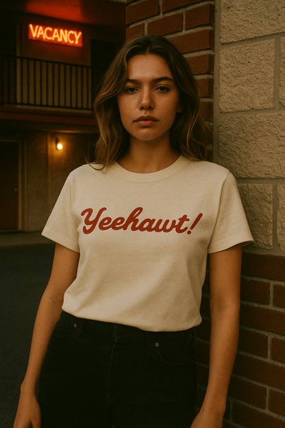 Modern cowgirl inspired tee in soft cream with playful country phrase