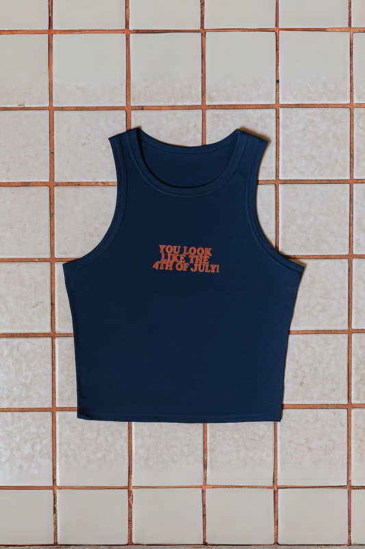 Navy blue tank top with red retro 'You look like the 4th of July' text