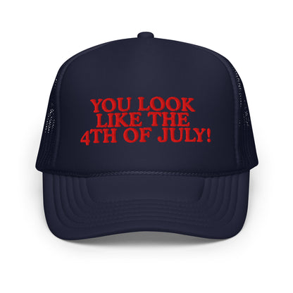 blue foam trucker hat with Fourth of July quote embroidery